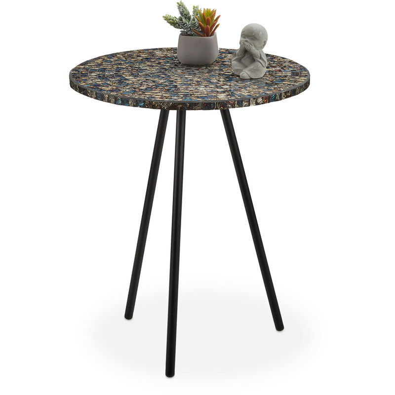 relaxdays - table ronde mosaïque, table d'appoint, décorative, table de jardin, fait main, hxd: 50 x 41 x 16 cm, noir doré