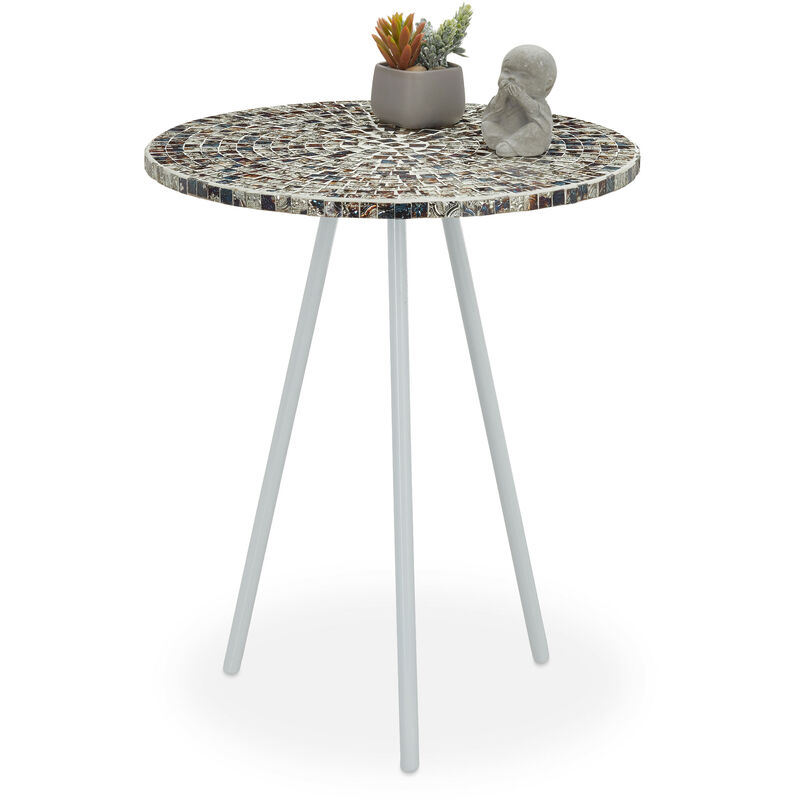 table ronde mosaïque, table d'appoint, décorative, table jardin, fait main, hxd: 50 x 41 x 16 cm, blanc argent - relaxdays