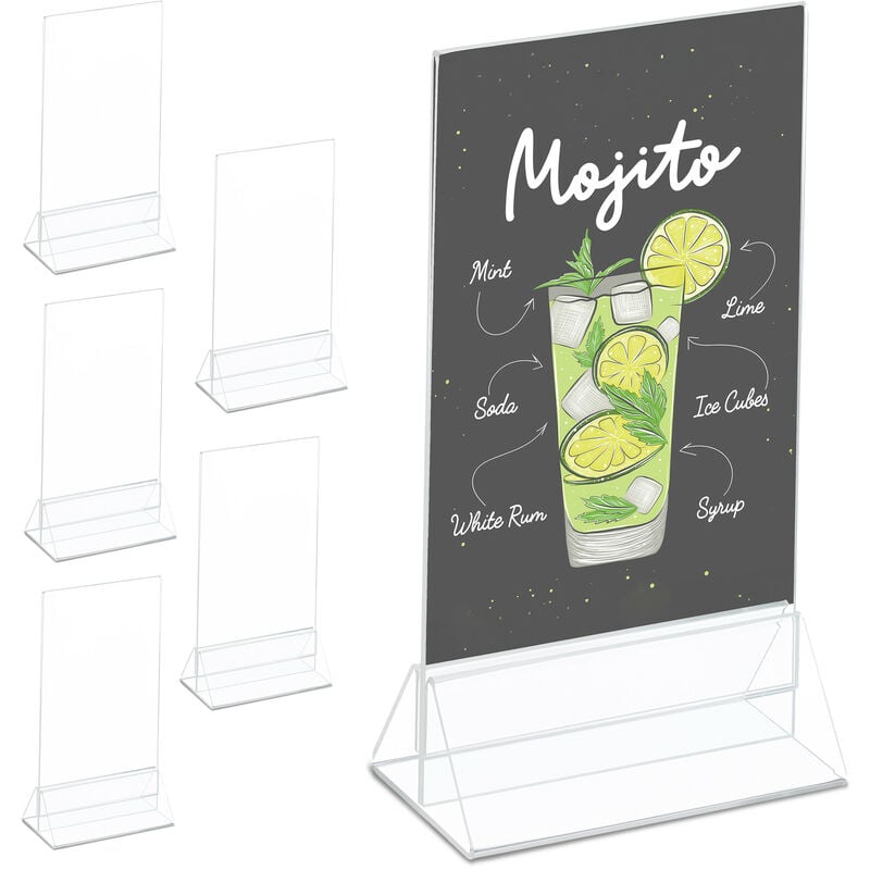 Relaxdays Table Stand, Set of 6, DIN A6, Wedding, for Menu Cards, Photos & Numbers, Acrylic Card Holder, Transparent