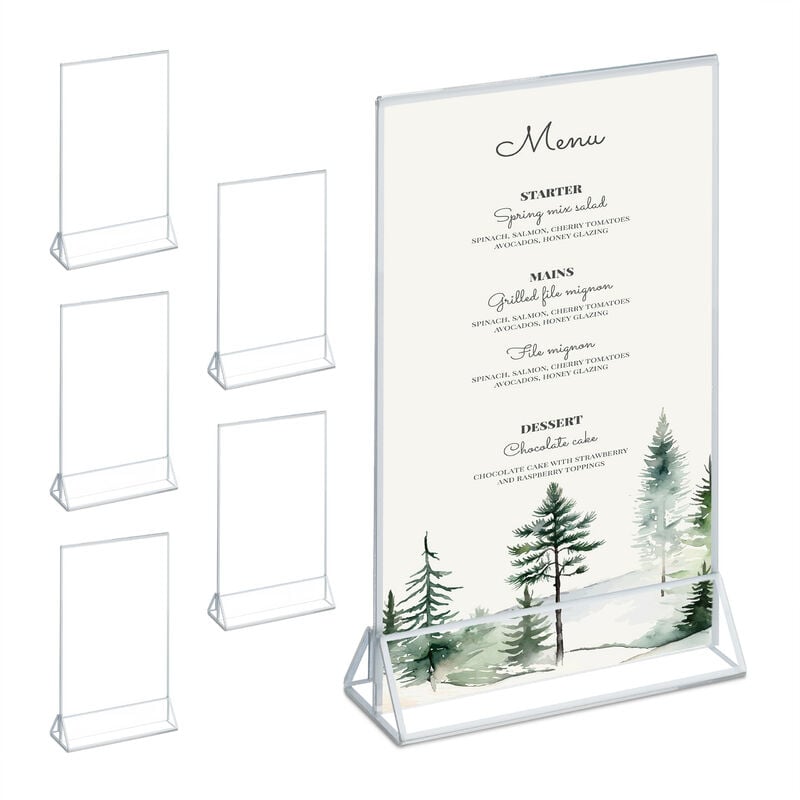 Table Stand, Set of 6, din A5, Wedding, for Menu Cards and Photos, Acrylic Card Holder, Transparent/Silver - Relaxdays