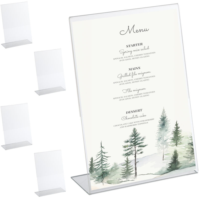 Table Stand, Set of 5, din A4, Stand-up Display, for Menu Cards, Advertising, Weddings, Acrylic, Transparent - Relaxdays