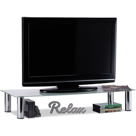   Table TV, pieds métalliques chromés, élévation écran, rectangulaire, ,rehausseur, en verre, 100x35x17 cm,blanc