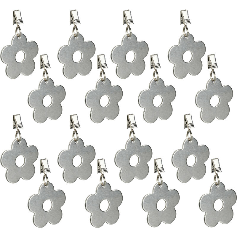 Relaxdays - Tablecloth Weights, Set of 16, Flower Design, Paperweight, Curtain Clip, Cinch Grip, Stainless Steel, Silver