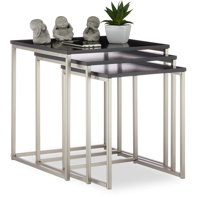 relaxdays tables basses gigognes lot de 3, d’appoint, table chevet acier mdf, hxlxp 42x40x40 cm, noir/argente