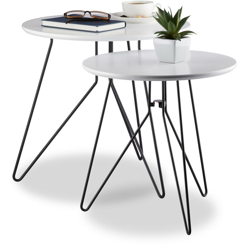 Relaxdays - Tables basses lot de 2, Tables d’appoint rondes, Tables de chevet, Pieds en métal, dim. 40 & 48 cm, blanc/noir