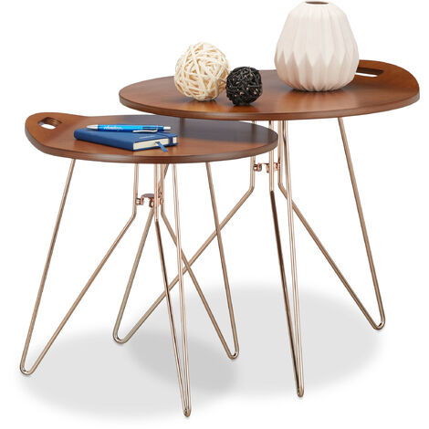 Relaxdays Tables d'appoint gigognes lot de 2 en bois cadre métal design rétro noyer table basse moderne canapé, marron