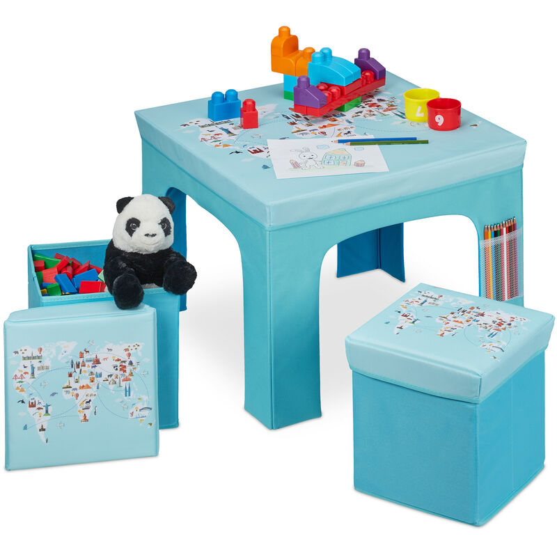 Relaxdays - Tables et chaises enfants, pliable, tabouret avec rangement, dessin, chambre, bleu clair