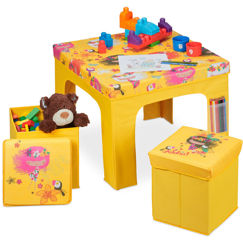 Relaxdays Tables et chaises enfants, pliable, tabouret avec rangement, dessin, chambre, jaune