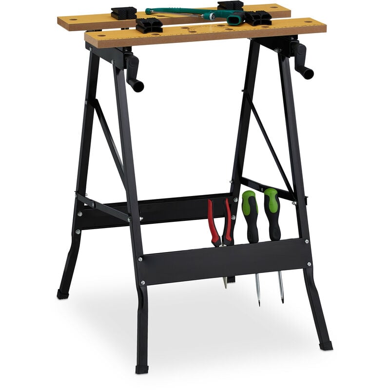 Tabli pliable avec des étaux, 75,5 x 56 x 62 cm, dessin de rapporteur, supporte jusqu'à 100 kg, nature, noire - Relaxdays