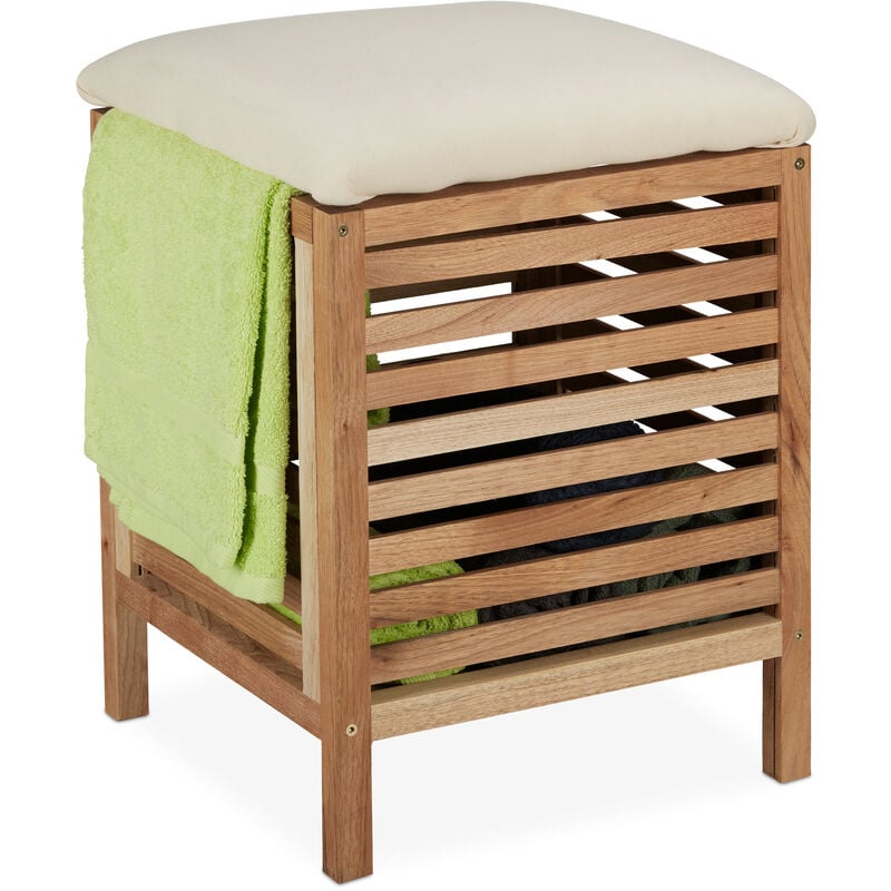 Tabouret avec rangement, panier, noyer, tissu, corbeille à linge 35 l, hlp : 51 x 39 x 39 cm, nature - Relaxdays