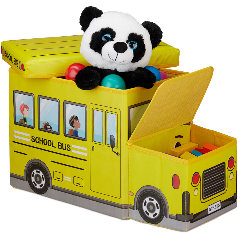 tabouret coffre à jouets boîte à jouets couvercle pouf enfant pliable bus école 50 litres, jaune - relaxdays
