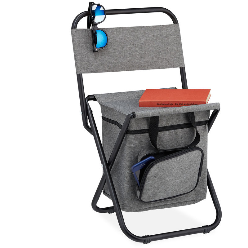 Relaxdays - Tabouret de camping avec poche, pliant, avec dossier, pêche, jardin, chaise à transporter, 60x35x35 cm, gris