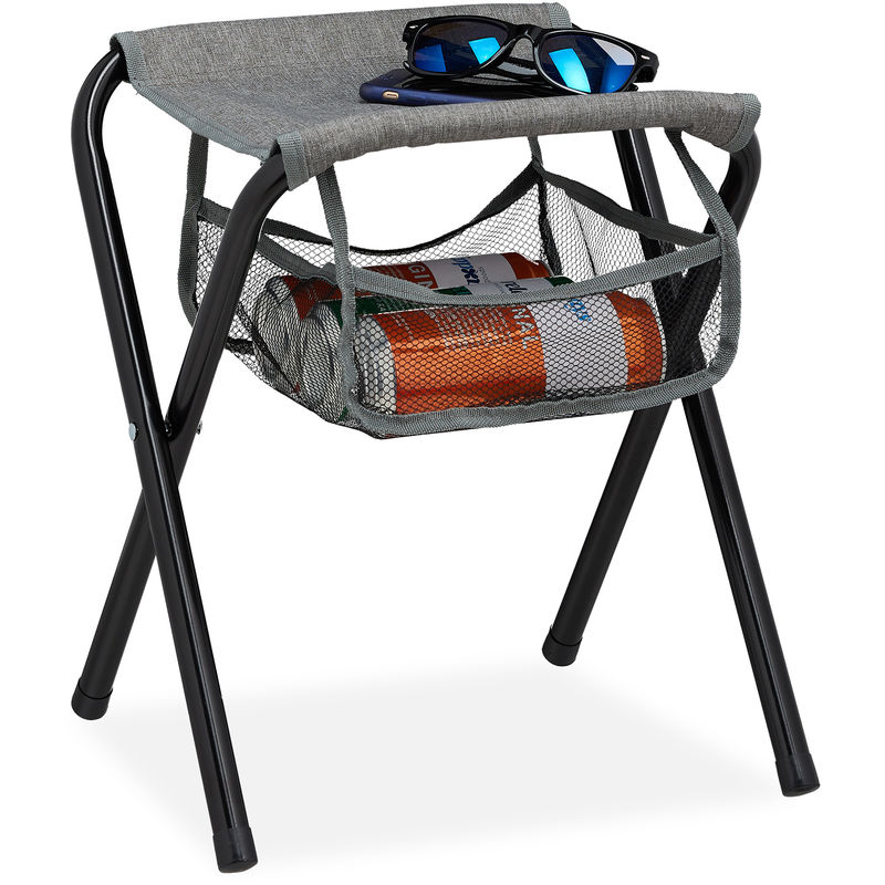 Tabouret de camping avec poche, pliant, sans dossier, pêche, jardin, chaise à transporter, 40x35x30 cm, gris - Relaxdays
