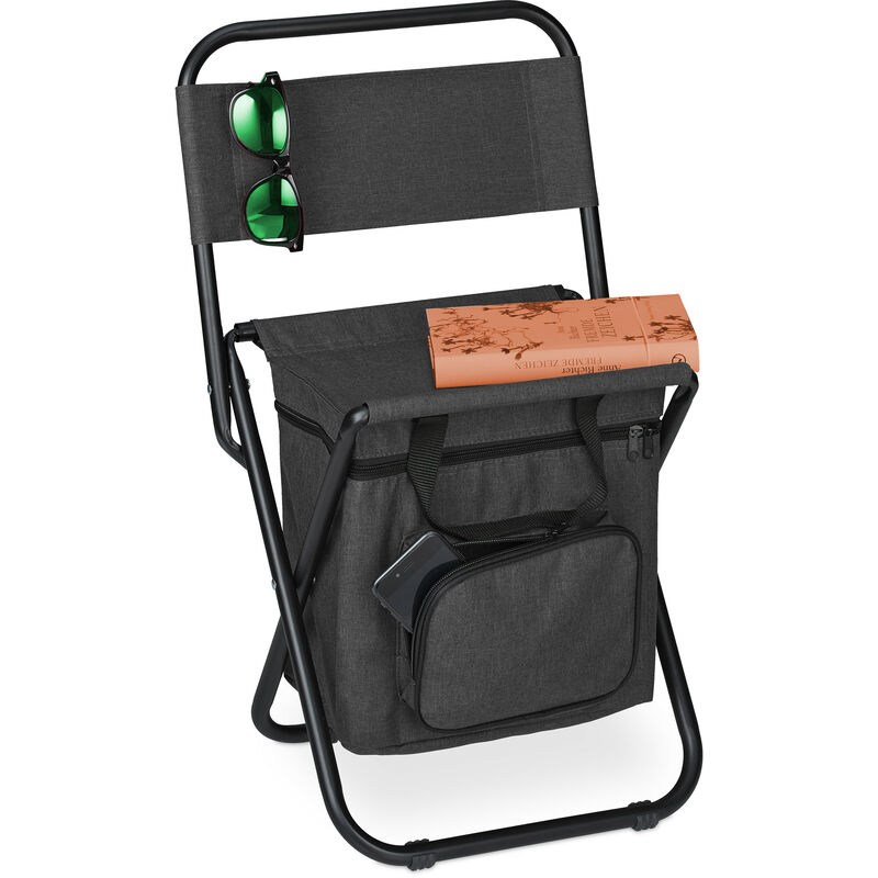 Tabouret de camping avec poche, pliant, sans dossier, pêche, jardin, chaise à transporter, 60x35x35 cm, noir - Relaxdays