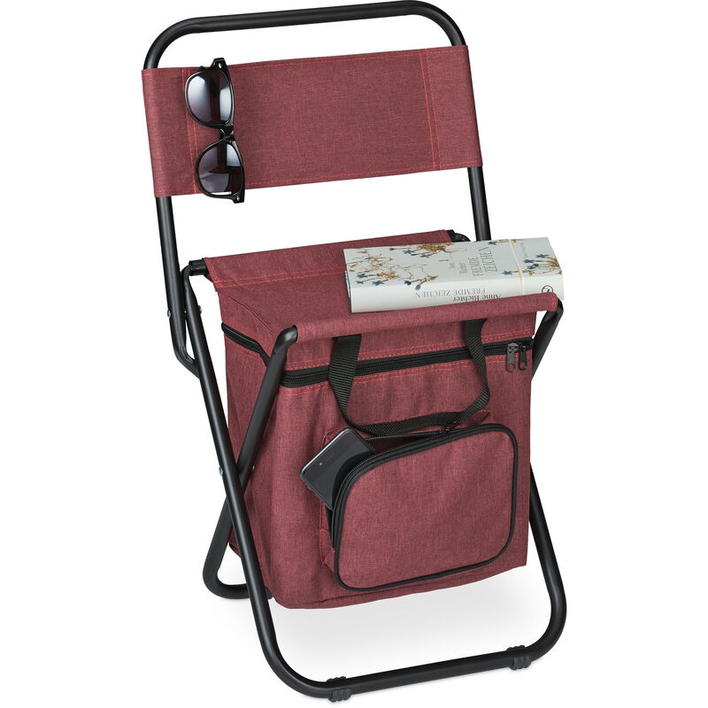 Tabouret de camping avec poche, pliant, sans dossier, pêche, jardin, chaise à transporter, 60x35x35 cm, rouge - Relaxdays