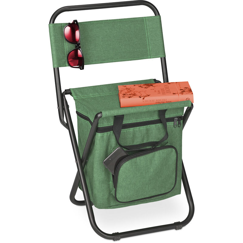Tabouret de camping avec poche, pliant, sans dossier, pêche, jardin, chaise à transporter, 60x35x35 cm, vert - Relaxdays