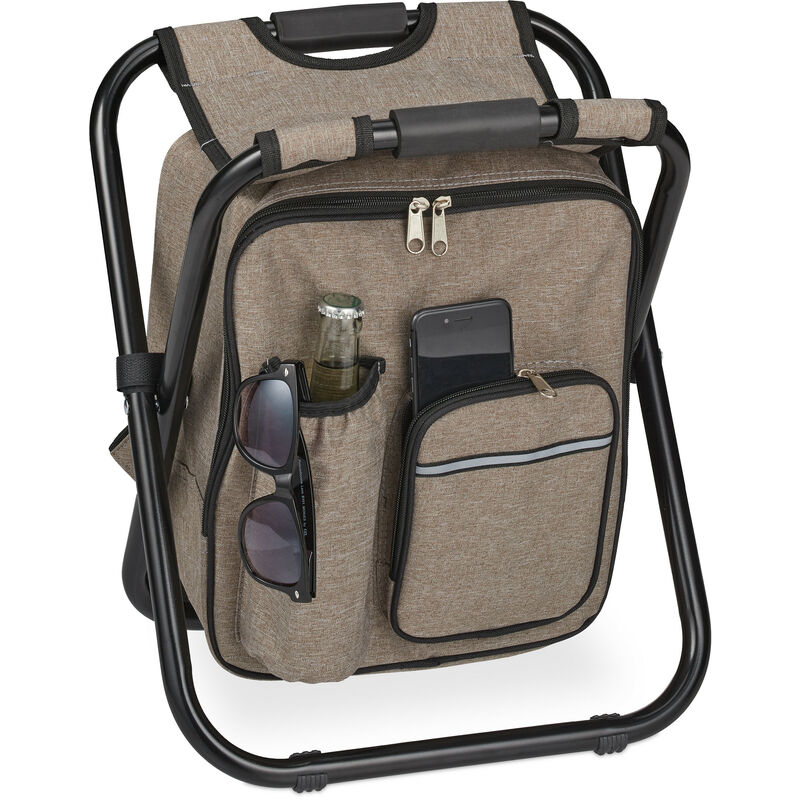 Tabouret de camping avec poche, pliant, transportable, léger, 42x35x29 cm, siège à porter, Polyester, beige - Relaxdays