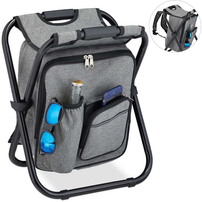 Tabouret de camping avec sac, pliant, transportable, léger & solide, à porter, Polyester, 43 x 35 x 29, gris - Relaxdays