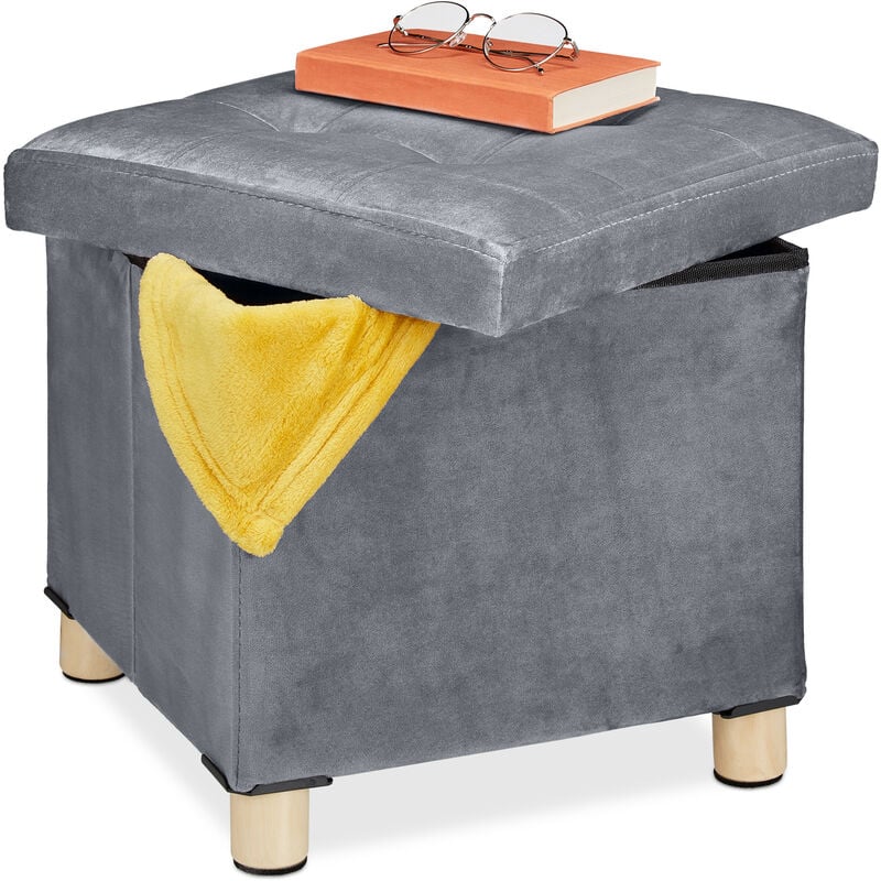 Tabouret de rangement, couvercle-plateau, pieds en bois, pouf carré, h x l x p : 35x38x38 cm, gris clair - Relaxdays