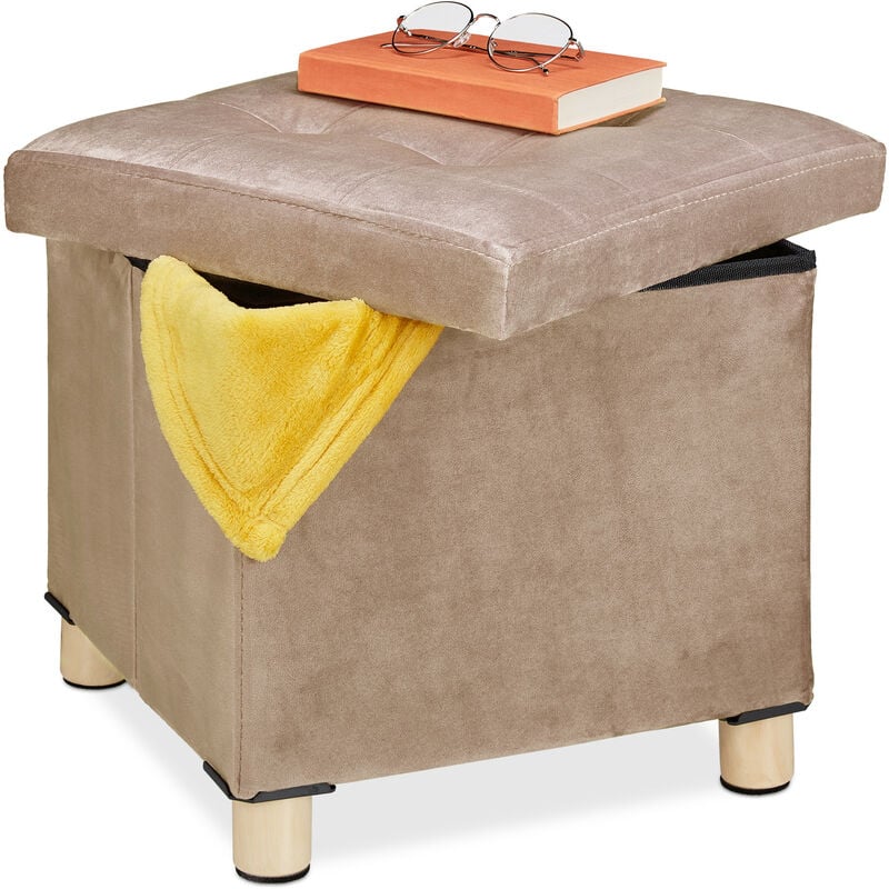 Tabouret de rangement, couvercle-plateau, pieds en bois, pouf carré, H x L x P : 35x38x38 cm, crème - Relaxdays