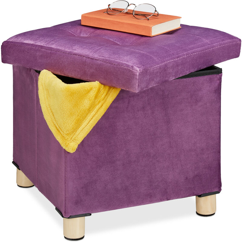 Tabouret de rangement, couvercle-plateau, pieds en bois, pouf carré, h x l x p : 35x38x38 cm, mauve - Relaxdays