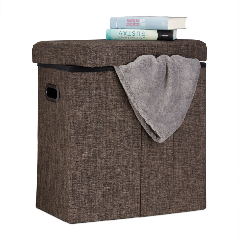 Relaxdays - Tabouret de rangement pliable HxlxP: 49,5 x 46 x 25,5 cm, avec rangement en lin, polyester, mdf, marron