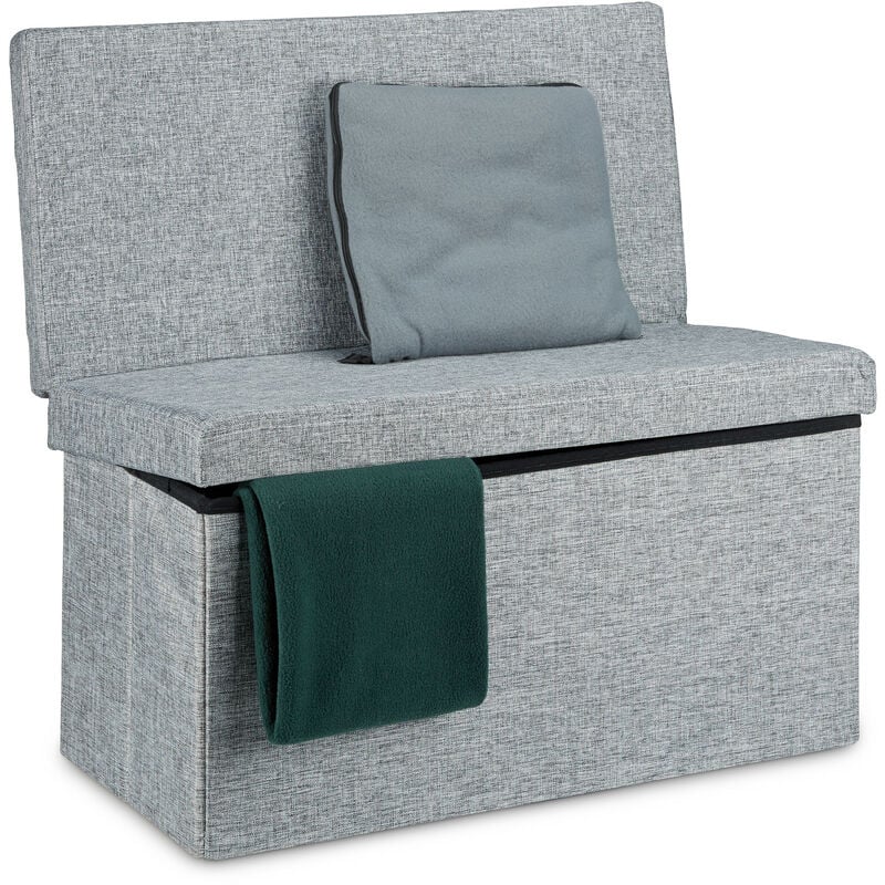 Tabouret de rangement pliant en lin avec dossier appui-dos coffre pouf h x l p: 73 x 76 x 38 cm, gris - Relaxdays