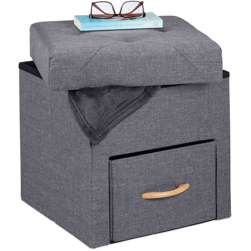 Tabouret de rangement, tiroir, compartiment, pliable, rembourré, pouf confort, HxLxP 40,5 x 40 x 40 cm, gris - Relaxdays