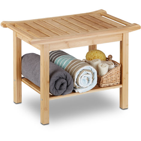Relaxdays Tabouret de salle de bain en bambou banc nature bois compartiment meuble HxlxP: 45 x 66 x 40 cm, nature