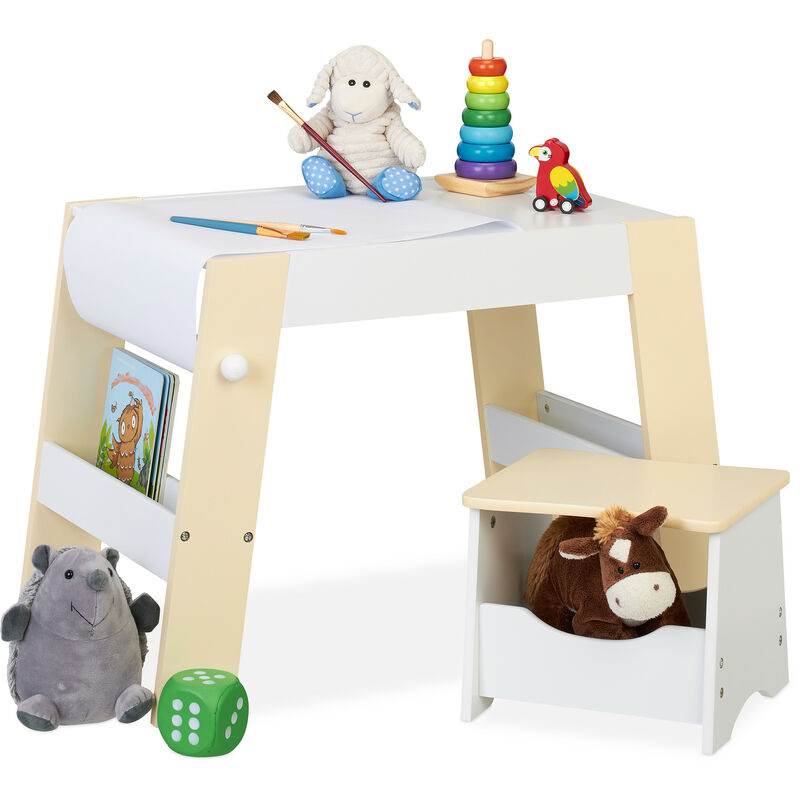 Relaxdays - Tabouret et table enfants, bureau et siège, jeux et rangement, rouleau papier dessin, set table, blanc - beige