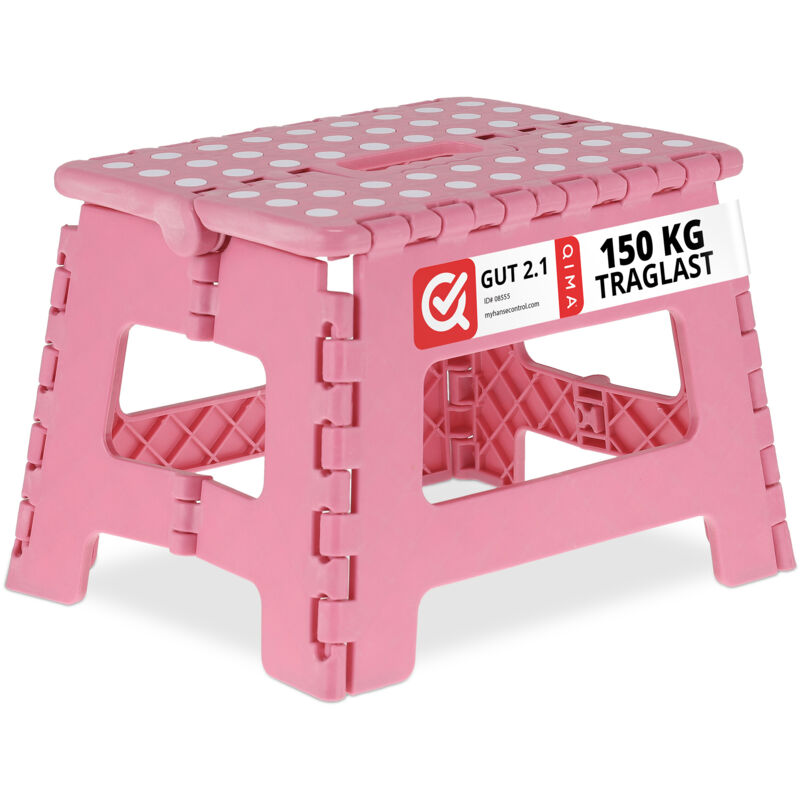 Tabouret pliable, 1 marche, jusqu'à 120 kg, plastique antidérapant, escabeau cuisine, 22,5 cm de haut, rose - Relaxdays