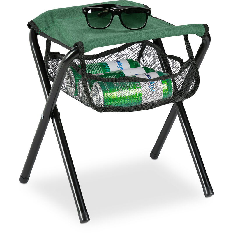 Tabouret pliant camping, avec poche, jusqu'à 120 kg, pliable, léger, siège plage, HxLxP: 39 x 29 x 35 cm, vert - Relaxdays