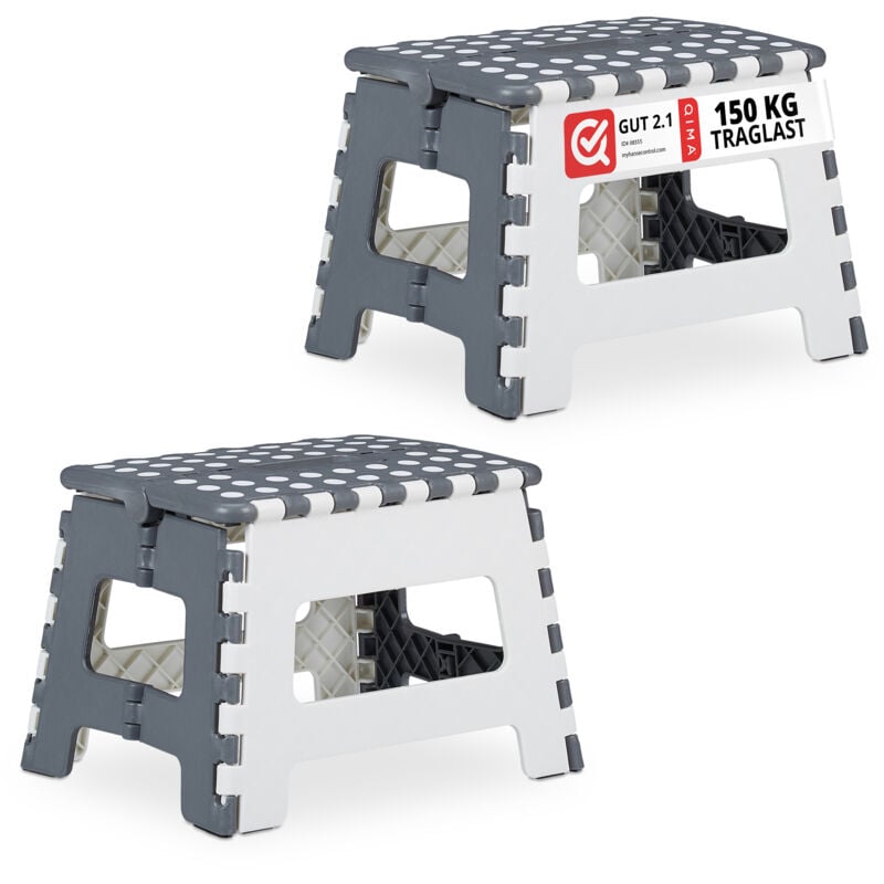 2x Tabourets pliants, escabeaux à une marche, avec poignée, jusqu'à 120 kg, plastique, 22,5 x 32 x 25 cm, gris/blanc