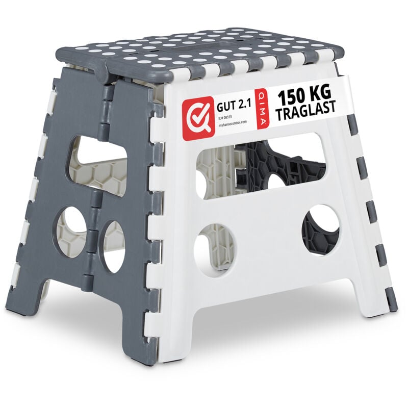 Tabouret pliant, escabeau à une marche avec poignée, jusqu'à 120 kg, plastique, 32 x 37 x 29,5 cm, gris/blanc - Relaxdays