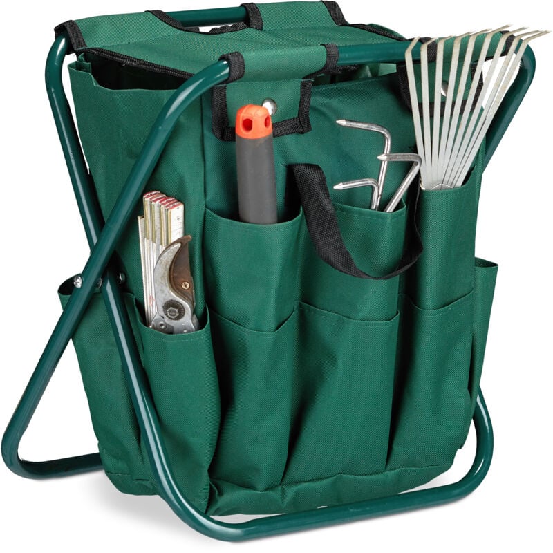Tabouret porte-outils de jardinage 16 poches et compartiment intérieur pliable HxlxP: 42 x 30 x 39 cm, vert - Relaxdays