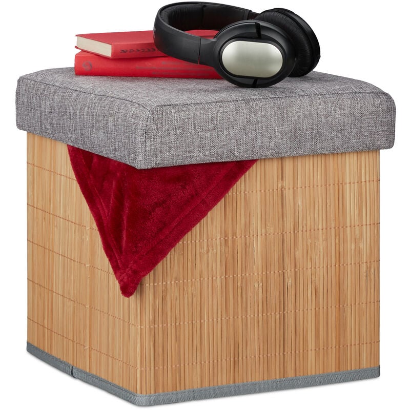 Tabouret rangement, rembourré, pliable, bambou, tissu, HxLxP : 36 x 35 x 35 cm, repose-pieds, nature-gris - Relaxdays