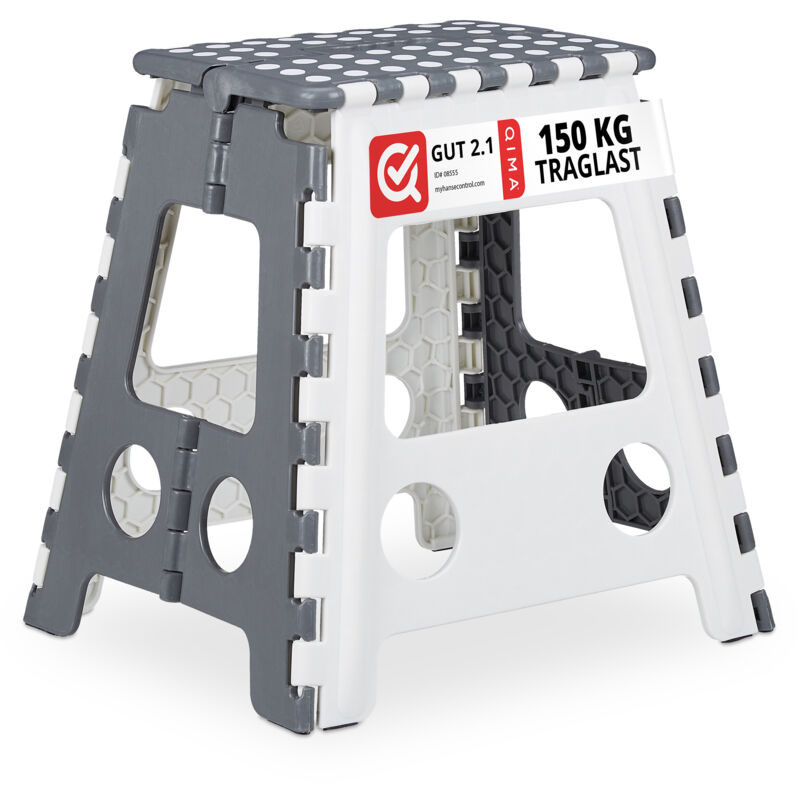 Relaxdays Tabouret XL pliant, escabeau, une marche, avec poignée, 120 kg, plastique, 39,5 x 38,5 x 32 cm, gris/blanc