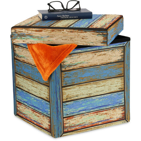 Relaxdays Taburete con Almacenaje, Reposapiés Plegable, Efecto Caja de Madera, Acolchado, 38x37,5x37,5 cm, Multicolor