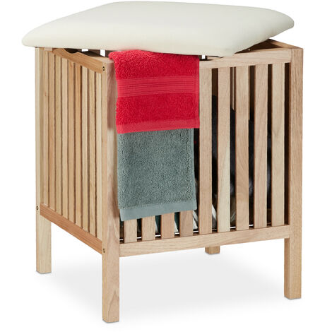 Relaxdays Taburete Cuadrado con Cesto Ropa Sucia, Banco Almacenaje Madera/Tela, Baño 40l,  51x41x41cm, Natural/Blanco