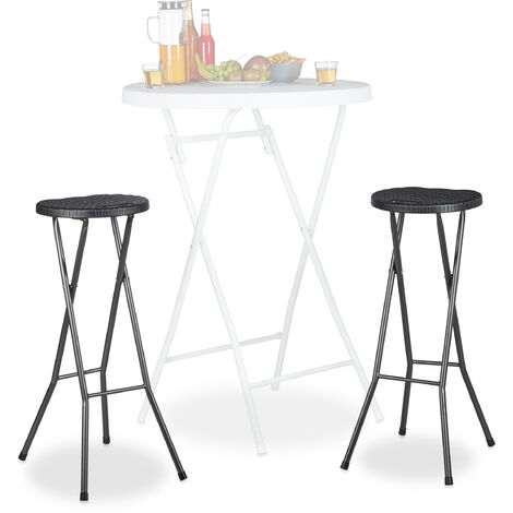 Relaxdays Taburete de bar BASTIAN plegable, set de 2, resistente intemperie, altura 80 cm, silla de bar, plástico, barra, negro