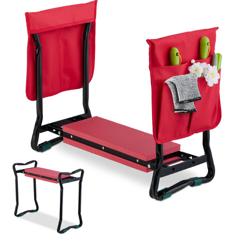 Relaxdays Taburete Jardinería Cojín Rodillas, Bolsillo Herramientas, hasta 150Kg, Trabajo Huerto 50x65x32cm, Negro/Rojo