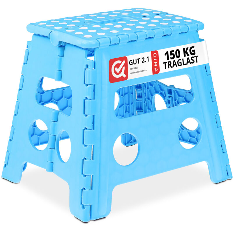 Tabouret pliable, antidérapant, 120 kg charge max., poignée, escabeau pliable, HxLxP: 32,5 x 37 x 30 cm, bleu - Relaxdays