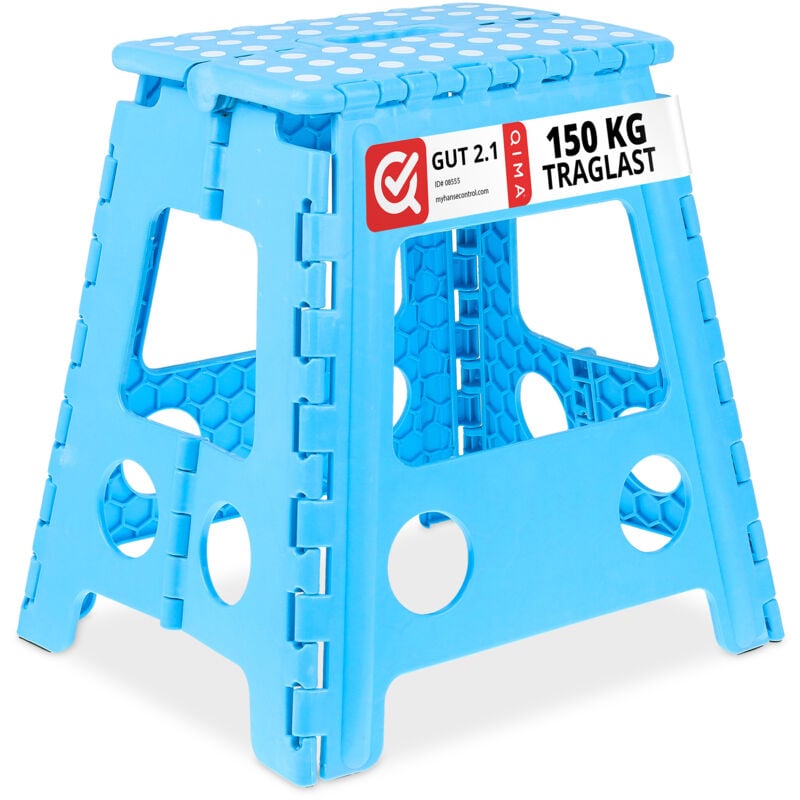 Tabouret pliable, antidérapant, 120 kg de capacité de charge, poignée, HxLxP 39 x 38,5 x 32 cm, bleu clair - Relaxdays