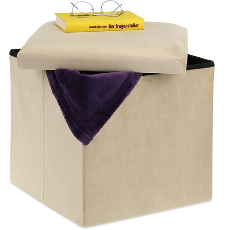Relaxdays Taburete Plegable de Terciopelo, Puff de Almacenaje, 38 x 38 x 38 cm, Baúl Tapizado de MDF, Crema
