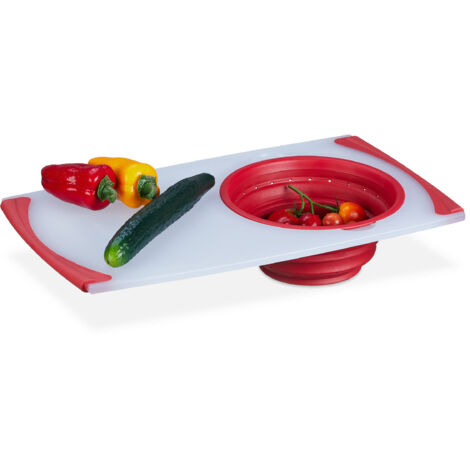 Relaxdays Tagliere da Lavandino con Colino, Asse 2in1 Cucina, 50x29 cm, Taglia Frutta e Verdura Sopra al Lavello, Rosso