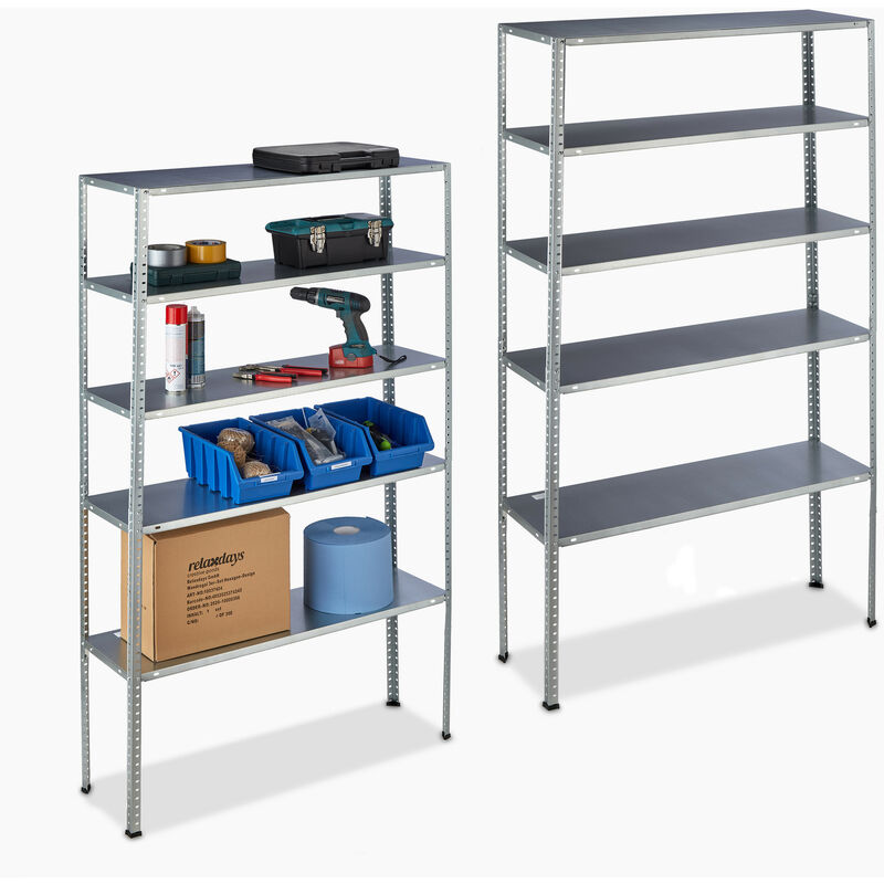 Tagère charge lourde, lot de 2, maximum 250 kg, 5 niveaux, hlp 185x100x30 cm, cave&garage, acier zingué, argenté