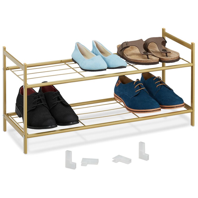 Tagère à chaussures en métal, 2 niveaux, empilable, porte-chaussures hlp 33,5x70x26 cm, pour 6 paires, doré - Relaxdays