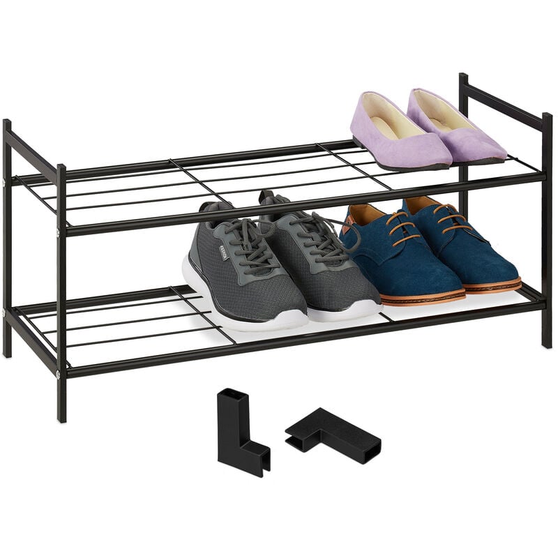 Tagère à chaussures en métal, 2 niveaux, empilable, porte-chaussures hlp 33,5x70x26 cm, pour 6 paires, noir - Relaxdays