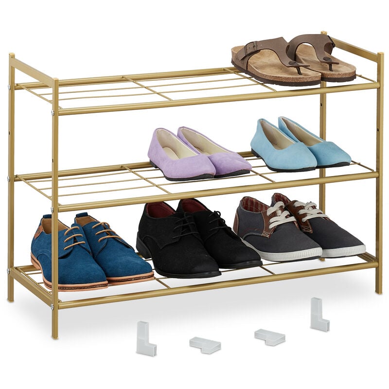 Tagère à chaussures en métal, 3 niveaux, empilable, porte-chaussures hlp 50x70x26 cm, 9 paires, doré - Relaxdays
