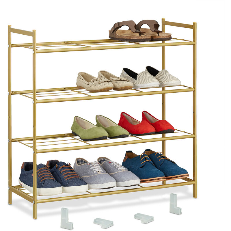 Relaxdays Étagère à chaussures en métal, 4 niveaux, empilable, porte-chaussures HLP 70x70x26 cm, pour 12 paires, doré